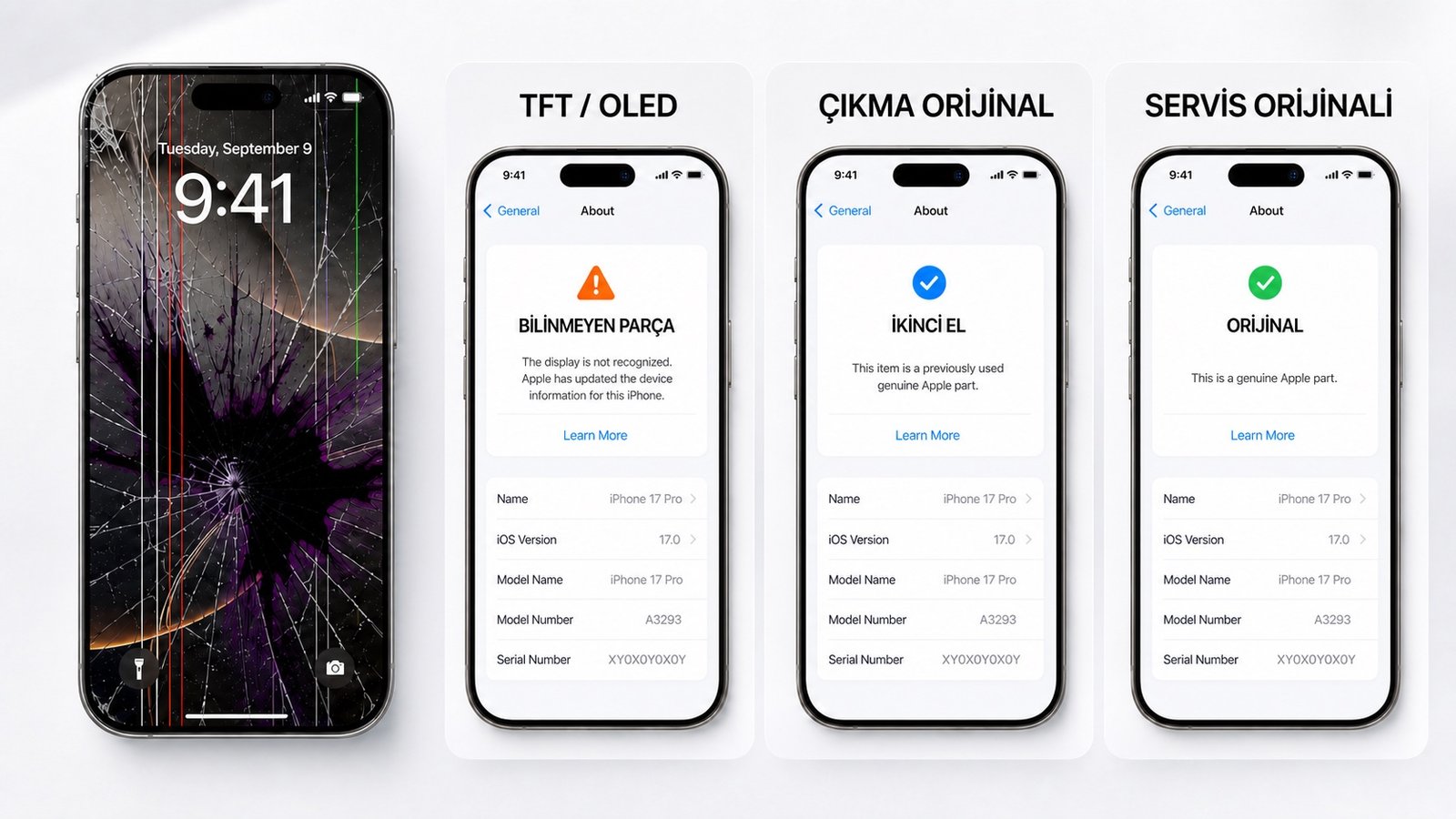 iPhone ekran değişimi ve Ayarlar bölümünde parça bildirimi seçenekleri